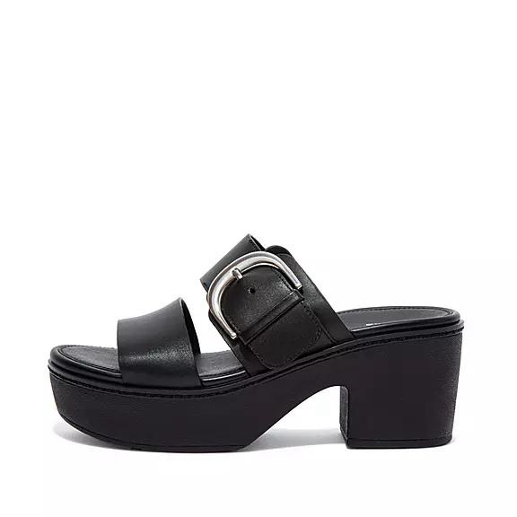 Chaussures À Enfiler Femme Fitflop Pilar Cuir Slide Platforms Noir (UKP738205)